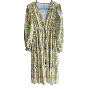 NWT Moonsea Green Yellow Floral Button-Front Puff Sleeve Retro Midi Dress